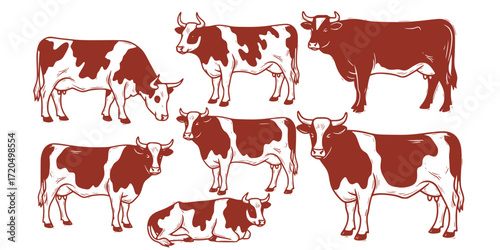 Linocut cows and bulls collection featuring ayrshire and holstein breeds 