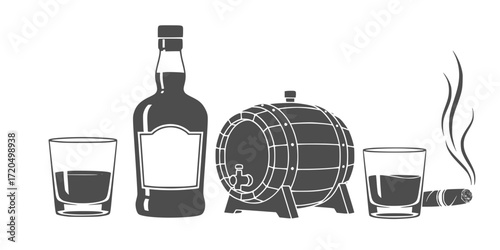 Black and white sketch set of whiskey glasses, bottle, barrel, and cigar