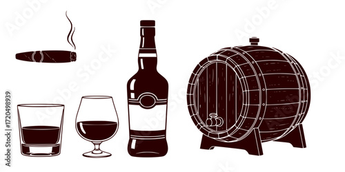 Black and white sketch set of whiskey glasses, bottle, barrel, and cigar