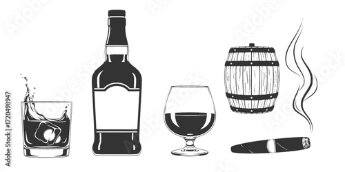Black and white sketch set of whiskey glasses, bottle, barrel, and cigar