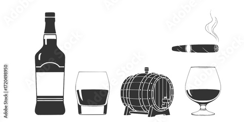 Black and white sketch set of whiskey glasses, bottle, barrel, and cigar