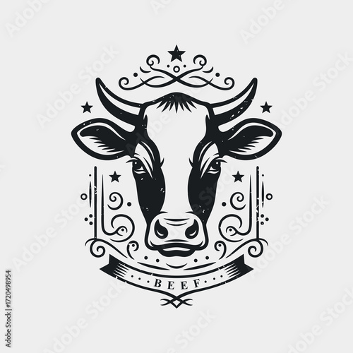 A classic black and white emblem of a cow's head, framed by ornate details and a banner labeled 'BEEF'.