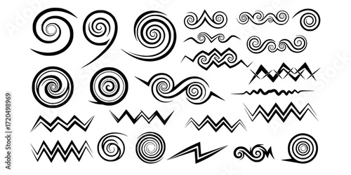 Ethnic ornaments collection: tribal spirals and zigzag patterns 