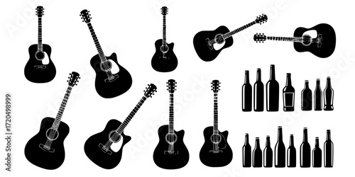 Black and white stencil art set featuring acoustic guitars and bottles