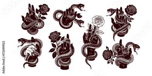 Grunge black and white tattoo designs featuring hands roses and snake 