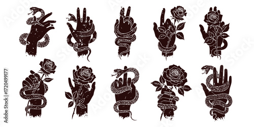 Grunge black and white tattoo designs featuring hands roses and snake 