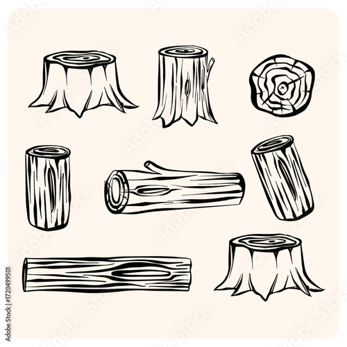 Hand-Drawn Wood and Tree Stump Illustrations