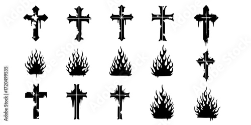 Grunge black and white cross and flame stencil set 