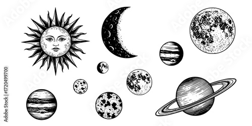  celestial engravings collection featuring sun, moon, and planets 