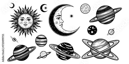  celestial engravings collection featuring sun, moon, and planets 