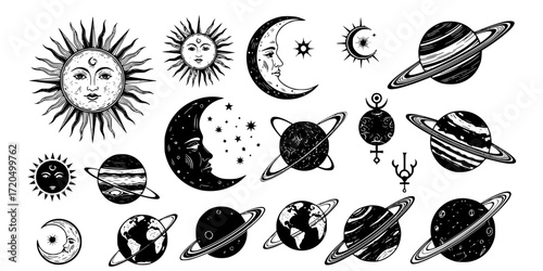  celestial engravings collection featuring sun, moon, and planets 