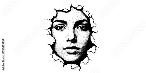 Vector illustration of a human face emerging from torn paper 