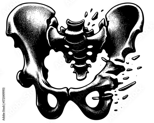 Pelvic Girdle Anatomy: Structural Foundation of the Human Body, A detailed black-and-white anatomical illustration of the human pelvic girdle, showcasing the ilium, ischium, pubis, sacrum, and coccyx
