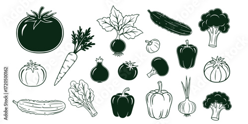 Hand-drawn doodle icons of tomato, plant, cucumber, and vegetables set