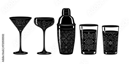 Vintage cocktail glasses and shaker engraving set