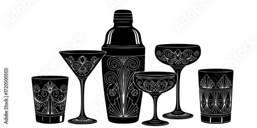 Vintage cocktail glasses and shaker engraving set