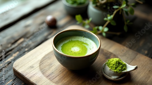 A serene scene featuring a bowl of matcha tea with frothy surface and a small dish of matcha powder on a wooden table, surrounded by greenery.