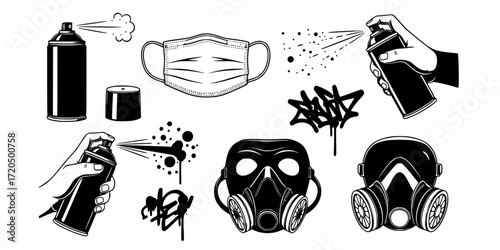 Street art engraving set featuring spray cans and protective masks
