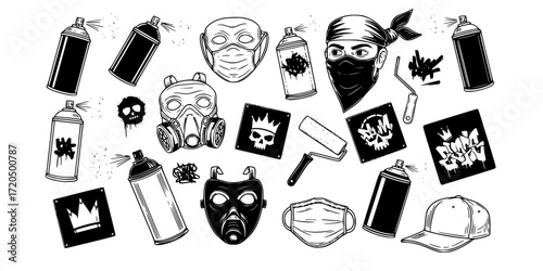 Street art engraving set featuring spray cans and protective masks