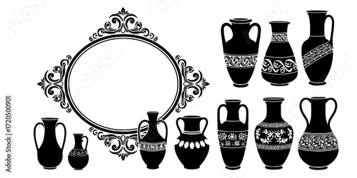Black and white stencil set of vintage oval frame and vases 