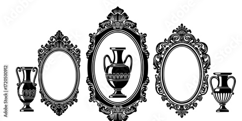 Black and white stencil set of vintage oval frame and vases 