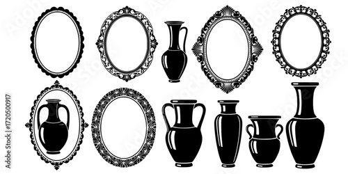 Black and white stencil set of vintage oval frame and vases 