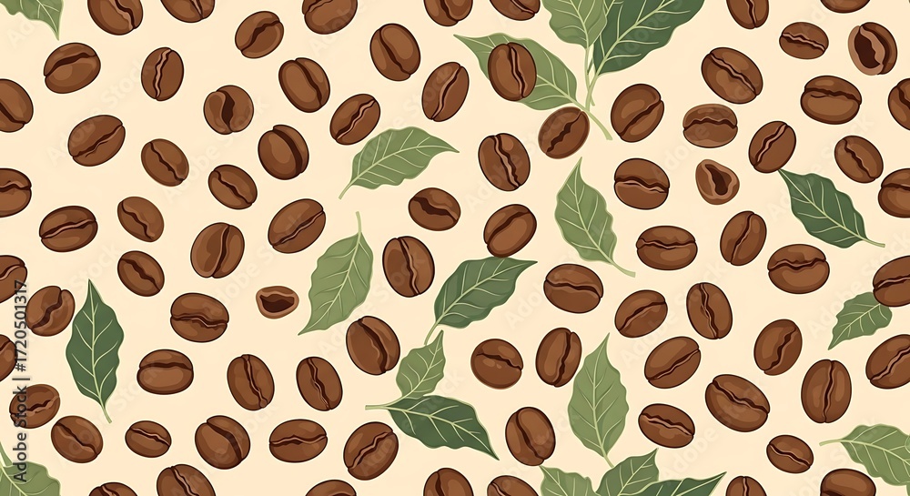 Obraz premium Seamless pattern of roasted coffee beans and green leaves on a light beige background hand drawn illustration perfect for cafe decor and food packaging