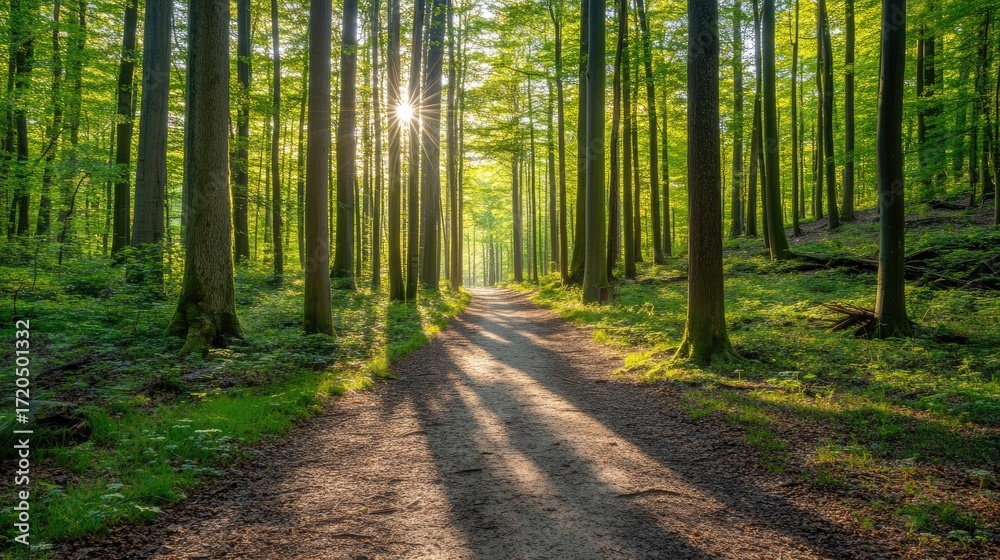 Fototapeta premium the view inside the forest is decorated with sunlight and trees