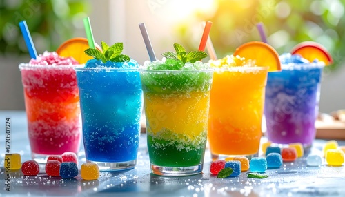 A vibrant lineup of five frozen, layered beverages, each in a clear plastic cup with straws, fruit garnish
