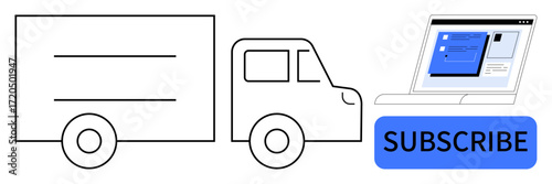 Minimalistic truck and laptop showing subscribe button, suggesting online shopping, logistics, and delivery. Ideal for e-commerce, delivery tracking, subscriptions, logistics, technology business