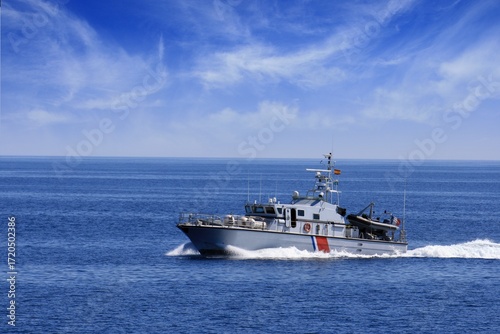 Vessel Marinada in open waters, a beautiful French Customs patrol boat for the Mediterranean Sea.