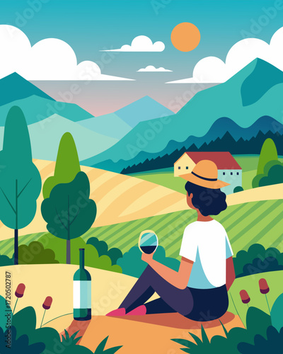 A freelancer takes a moment to admire the beautiful sprawling landscape of the vineyard a peaceful retreat from the hustle and bustle of city life.. Vector illustration
