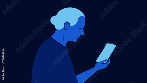 A silhouette of an older individual holding a smartphone with a bright screen symbolizing the harmful effects of blue light exposure from electronic devices on sleep and brain. Vector illustration