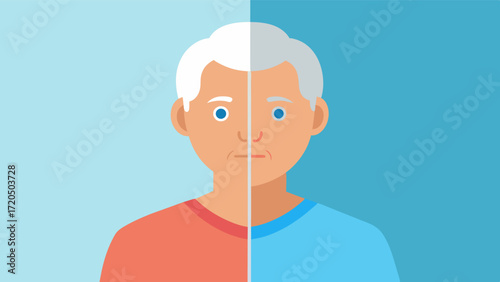 A splitscreen image of an older adult with noticeable signs of dehydration such as dry skin and sunken eyes and another image of the same person with a fresh and hydrated. Vector illustration