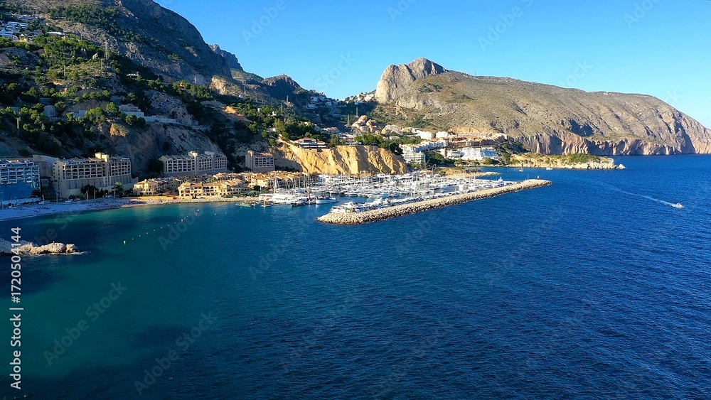 Fototapeta premium Aerial view of Altea Bay and Marina Campomanes in the Mediterranean Spanish province of Alicante.