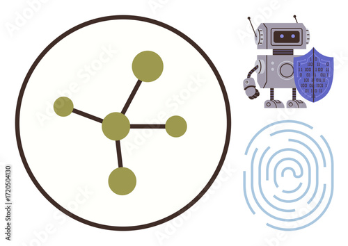 Robot with shield, molecular network node diagram, and fingerprint highlight AI, cyber protection, and interconnected systems. Ideal for AI, robotics, cybersecurity, data authentication tech