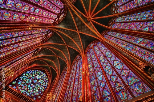 Photography Wonderful stained glass windows inside the Sacred Chapel next to Notre Dame Cathedral on the Ile de la Cite, Paris, France