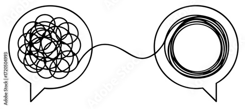 communication process with two speech bubbles connected by a line, one chaotic tangle of thoughts and the other ordered circles, dialogue, psychotherapy