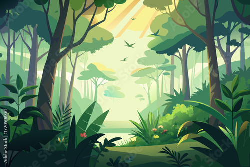 Lush green forest landscape with vibrant vegetation and sunbeams, perfect for nature lovers seeking tranquility and inspiration in a peaceful woodland scene