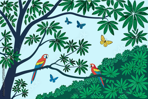 Vibrant parrots and butterflies in lush tropical foliage, a whimsical jungle escape perfect for children's designs and nature-themed projects