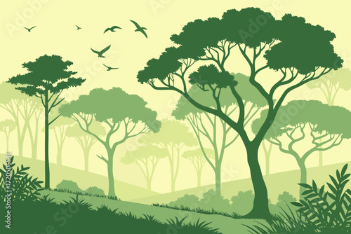 Lush green forest scene with soaring birds, perfect for nature documentaries, environmental campaigns and serene backgrounds, originally a scalable vector graphic