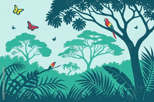 Lush jungle scene with vibrant butterflies and parrots, perfect for nature lovers and tropical-themed designs, from scalable vector graphics origin