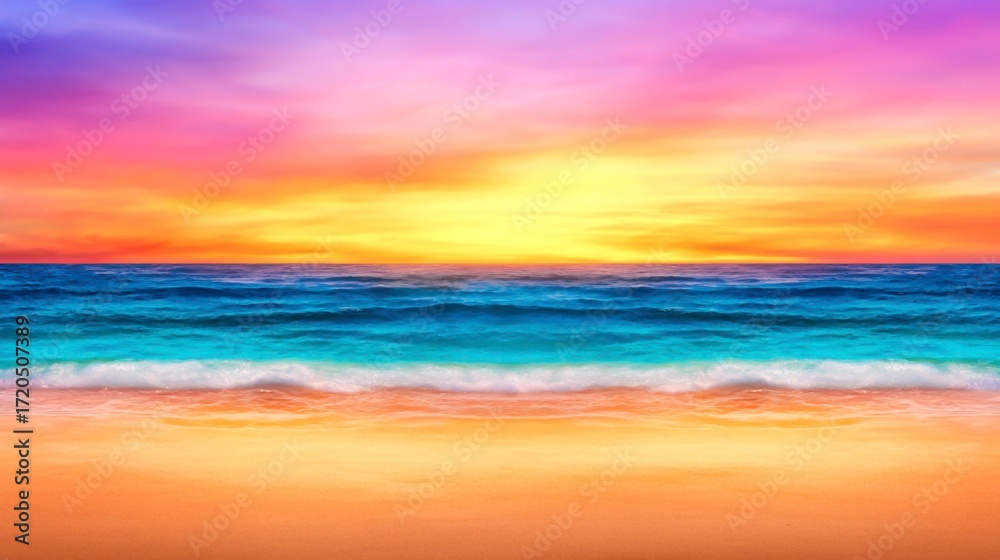 Fototapeta premium Vibrant Sunset Over Tranquil Ocean Waves with Colorful Sky and Sandy Beach View