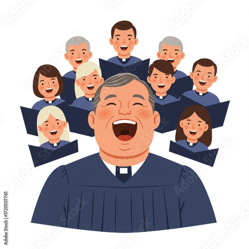 Choir Joyful choir of men, women, and children singing praises together in harmony. Vector illustration of a church group performance