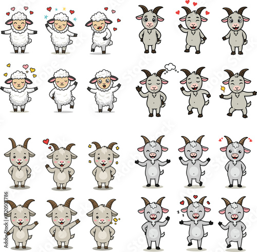 Cartoon sheep and goats expressing different emotions