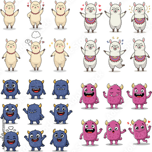 Cartoon seamless pattern of alpacas and monsters with various expressions