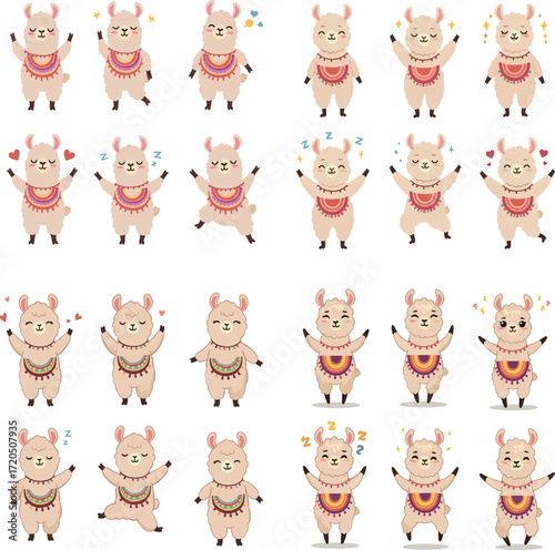 Set of cute cartoon llamas in different poses and emotions.