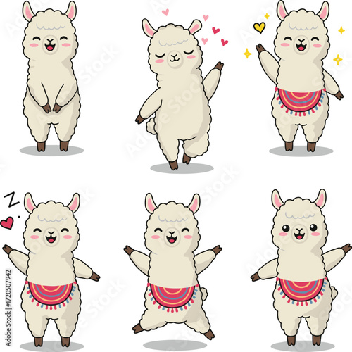Collection of happy cartoon llamas with various poses and expressions