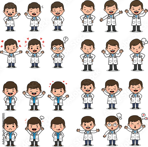 Cartoon doctors expressing different emotions and reactions, vector set