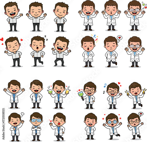 Cartoon scientist characters in different poses and expressions